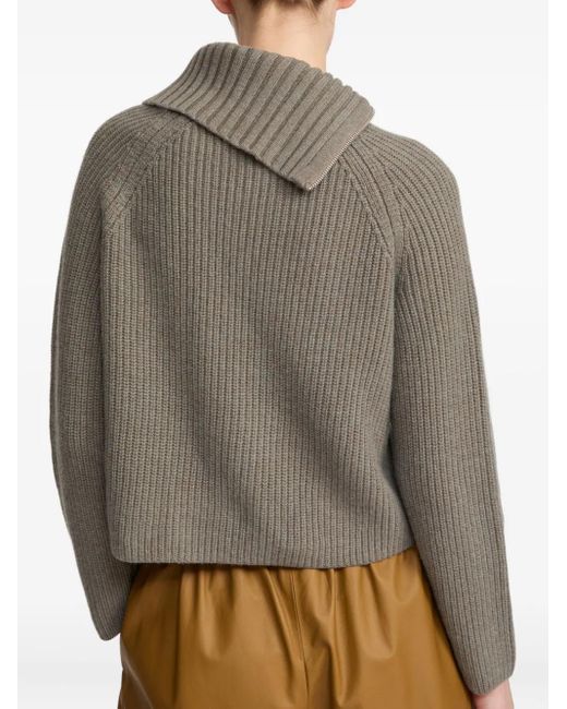 Yves Salomon Brown Zip-Neck Ribbed Sweater