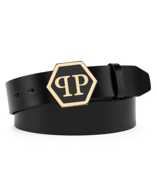 Philipp Plein Black Hexagon-Logo Leather Belt for men