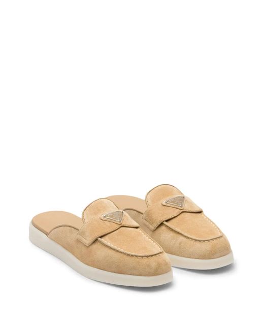 Prada White Logo-Plaque Suede Mules