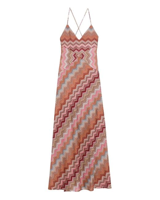 Missoni Multicolor Rust-Colored Snake-Pattern Chevron Viscose Long Dress With Crossed Straps