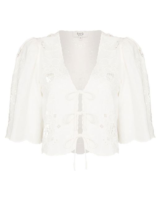 Sea White Broderie-anglaise Tie-front Blouse