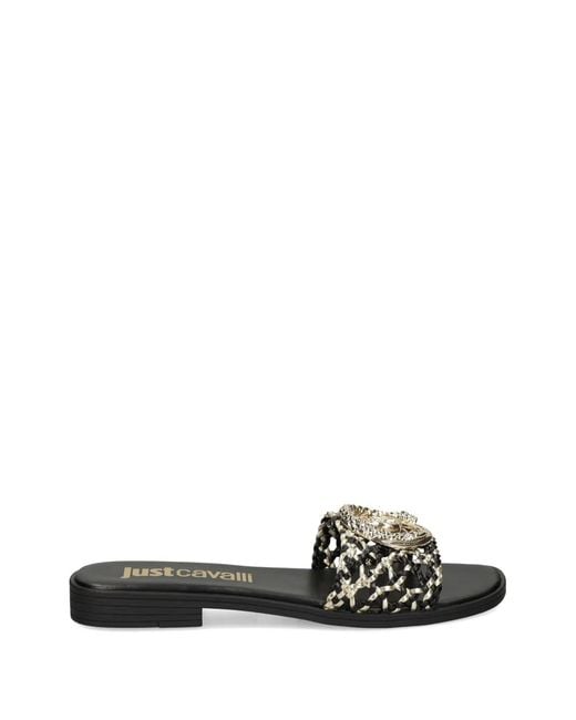 Just Cavalli White Logo-Plaque Woven Sandals