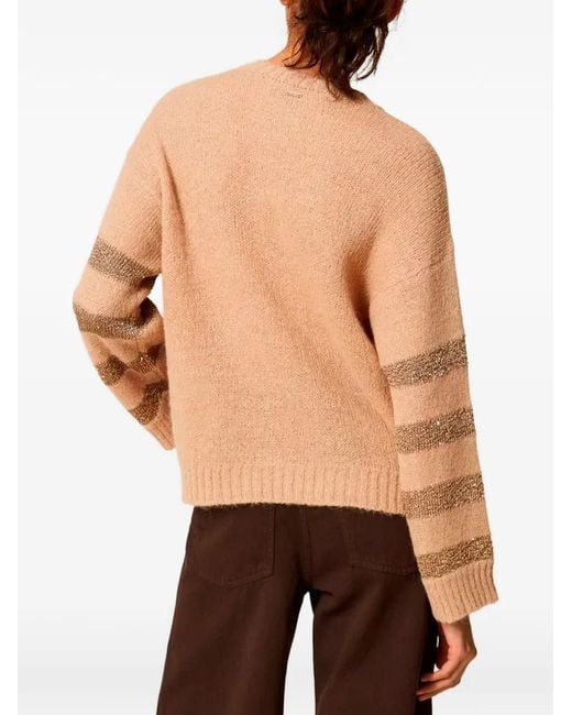 Twinset Natural Sequin-Striped Round-Neck Sweater