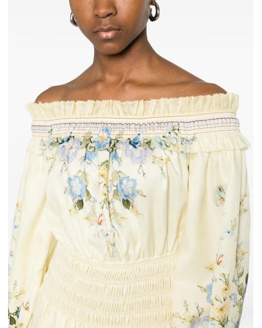 Self-Portrait Natural Off-Shoulder Floral Mini Dress