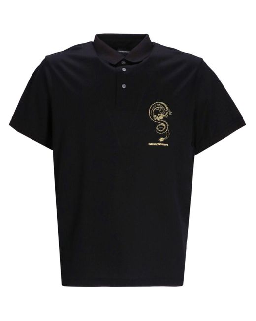 Emporio Armani Black Dragon-embroidered Polo Shirt for men
