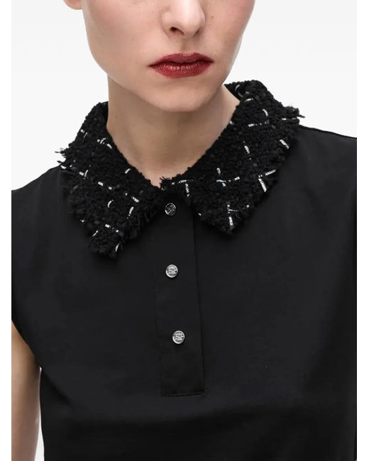 Karl Lagerfeld Black Bouclé-Detailed Polo Top