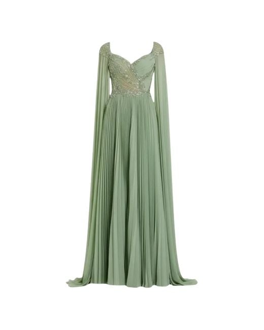 Mac Duggal Green Cape Sleeve Pleated Charmeuse Beaded Gown