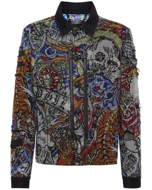 Philipp Plein Black Crystal-Embellished Denim Jacket for men