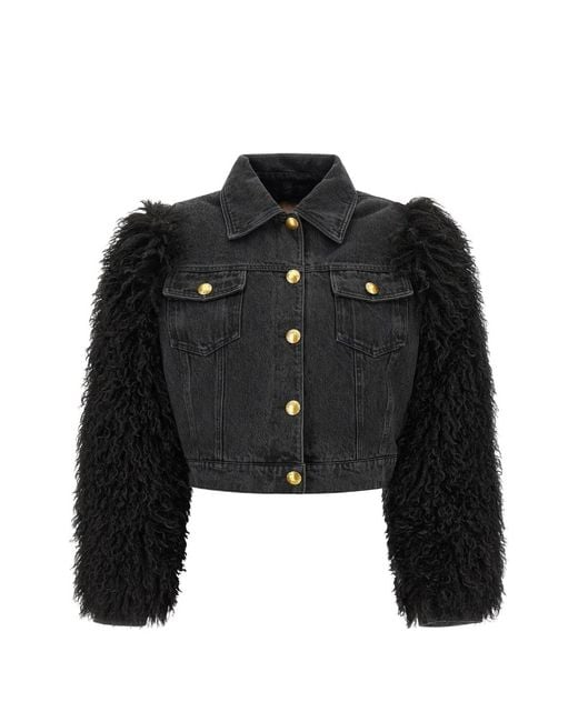 Twinset Black Textured-Sleeve Cropped Denim Jacket
