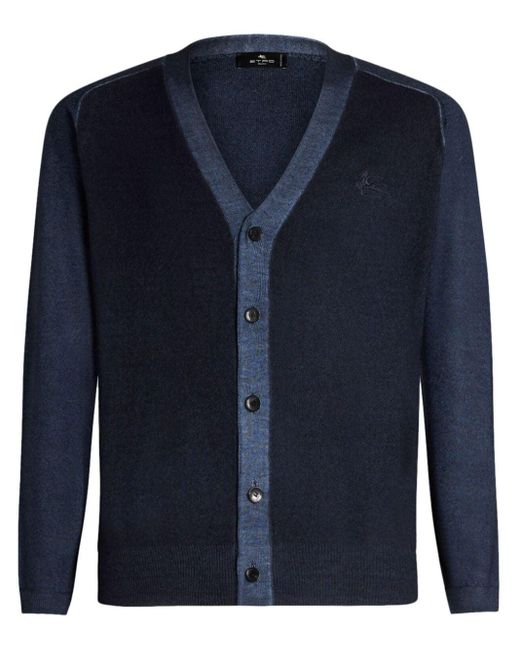 Etro Blue Pegaso-embroidered Wool Cardigan for men