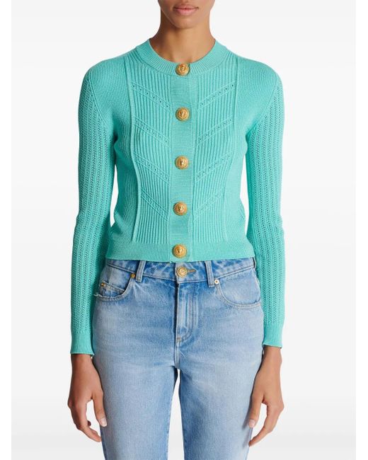 Balmain Blue Cardigan Mit Geprägten Knöpfen