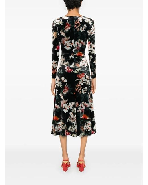 Nissa Black Floral-Print Midi Dress