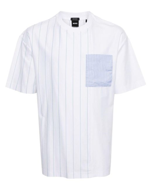 Boss White Panelled Striped T-shirt for men