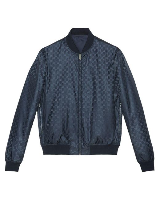 Gucci Blue Reversible Gg Jacquard Nylon Bomber Jacket for men