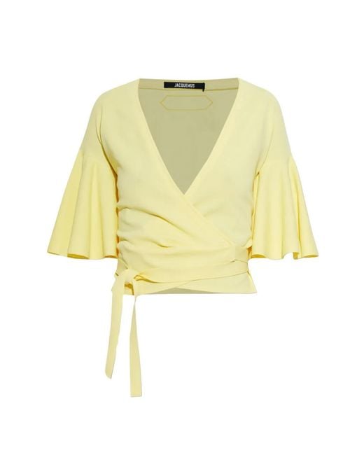 Jacquemus Yellow Flutter-Sleeved Wrap Top