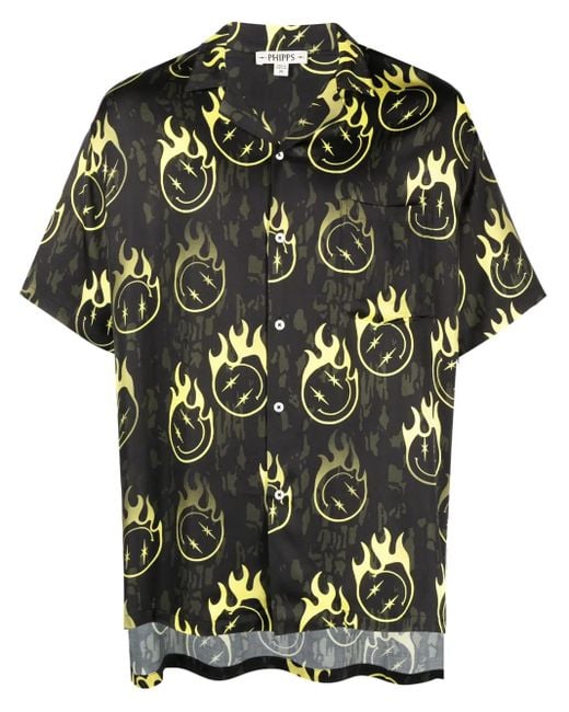 Phipps Black Oversized Smiley-Print Bowling Shirt for men