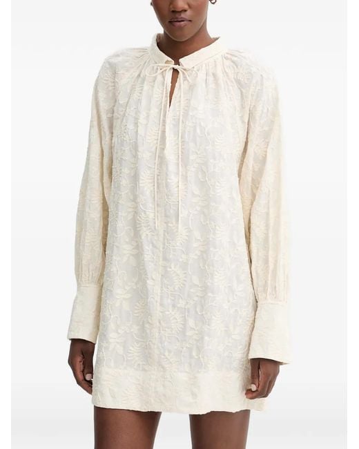 Munthe White Betulli Floral-Embroidered Long-Sleeved Tie-Neck Mini Dress