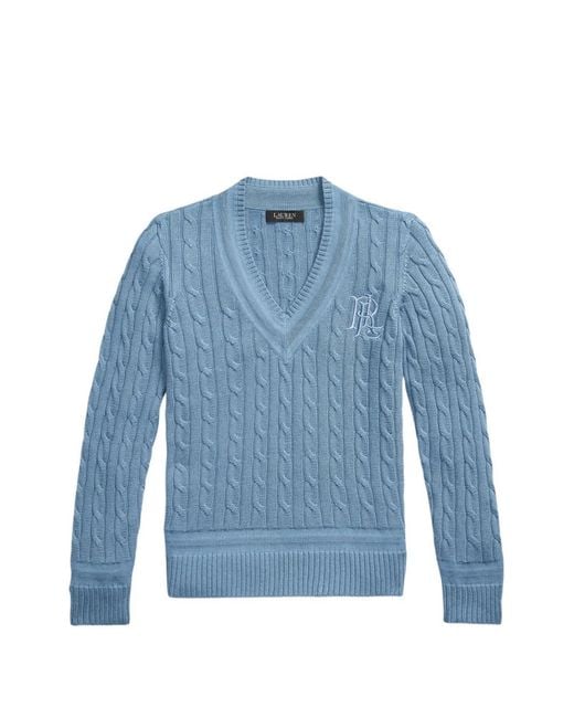 Ralph Lauren Blue Cable-Knit V-Neck Sweater