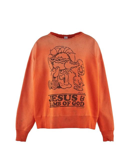 SAINT Mxxxxxx Orange Graphic-Print Distressed Sweater for men