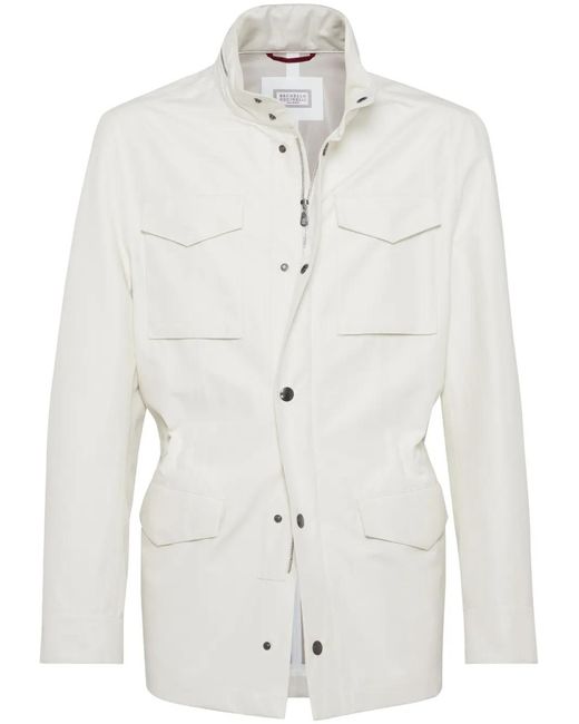 Brunello Cucinelli White Stand-Up Collar Linen-Blend Coat for men