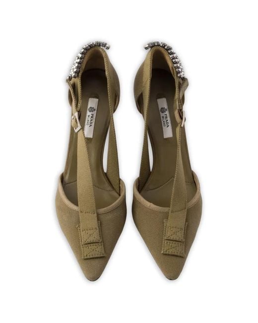 Prada Metallic Canvas Pumps With Crystals