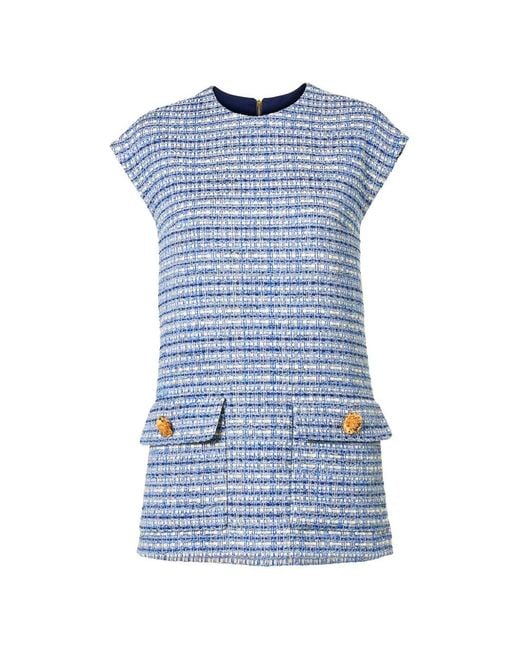 Carolina Herrera Blue Short-Sleeved Belted Tweed Blouse