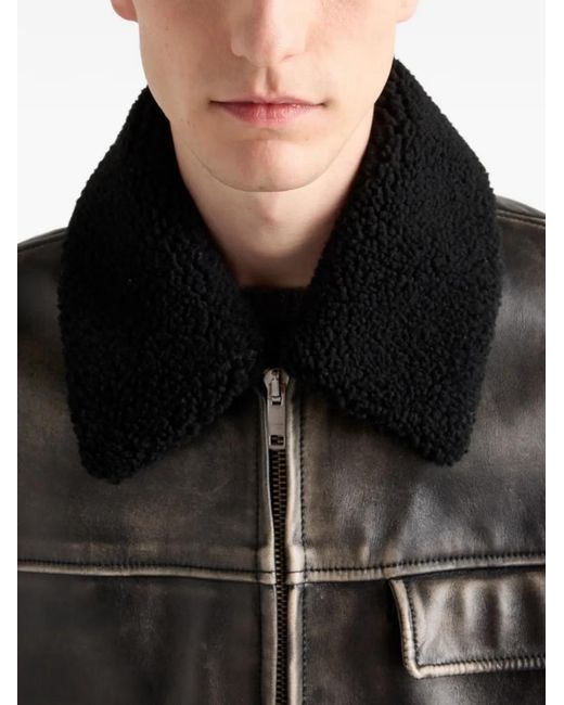 Prada Black Shearling-Trimmed Leather Jacket for men