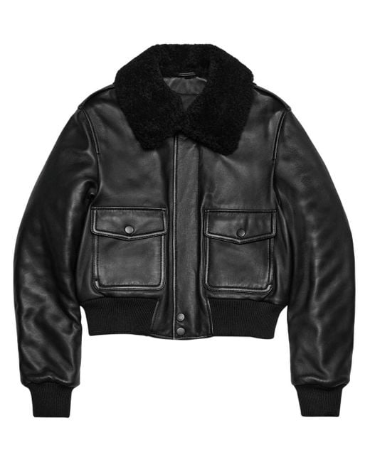 AMI Black Shearling-collar Leather Jacket