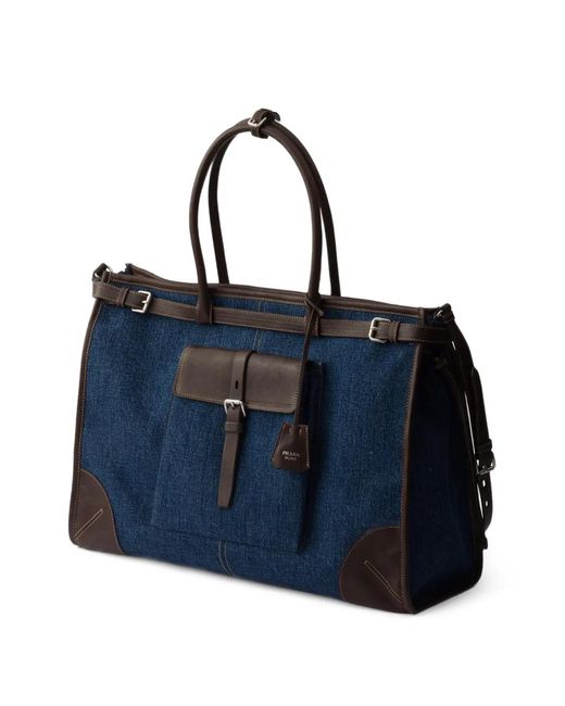 Prada Blue Bonnie Denim And Leather Tote Bag for men