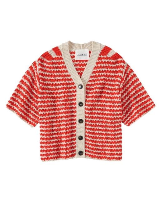 Closed Red Striped Crochet-knit Cardigan