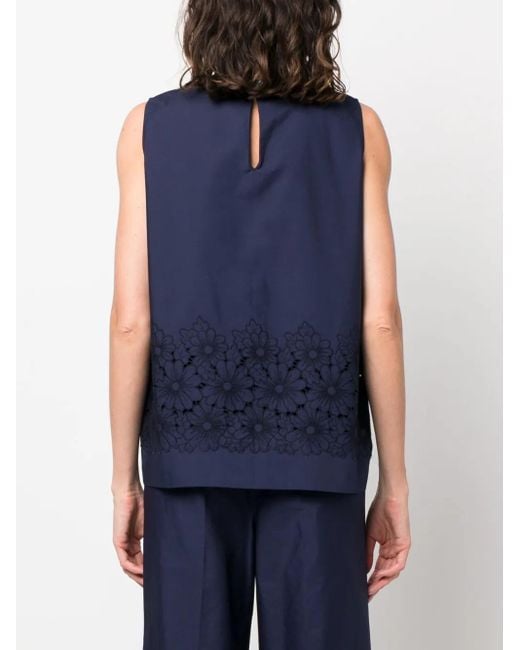 P.A.R.O.S.H. Blue Embroidered Cotton Cut-out Top