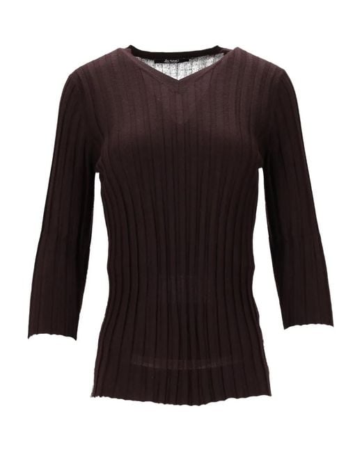 LA ROSE Black V-Neck Ribbed Top