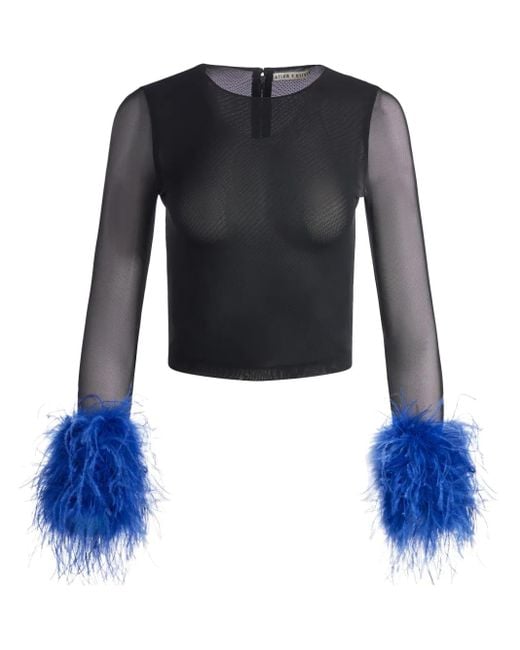 Alice + Olivia Delaina Mesh Top Met Lange Mouwen in het Blue
