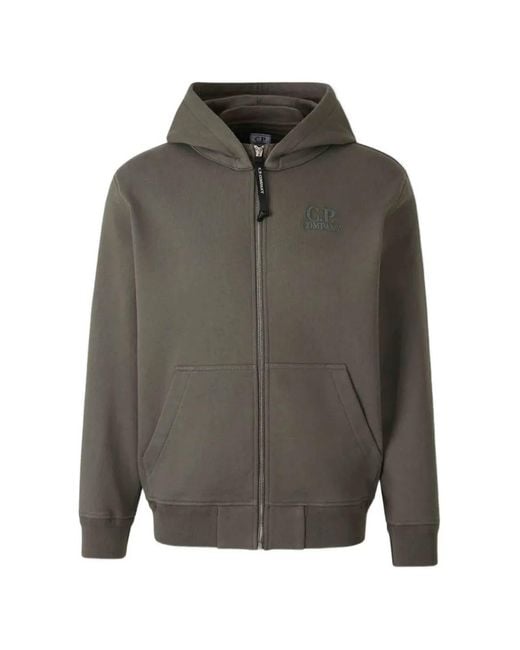 C P Company Gray Logo-Detail Zip-Up Hoodie for men