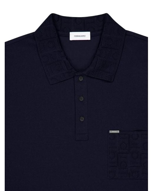 Ferragamo Blue Embossed-collar Pocket Polo Shirt for men