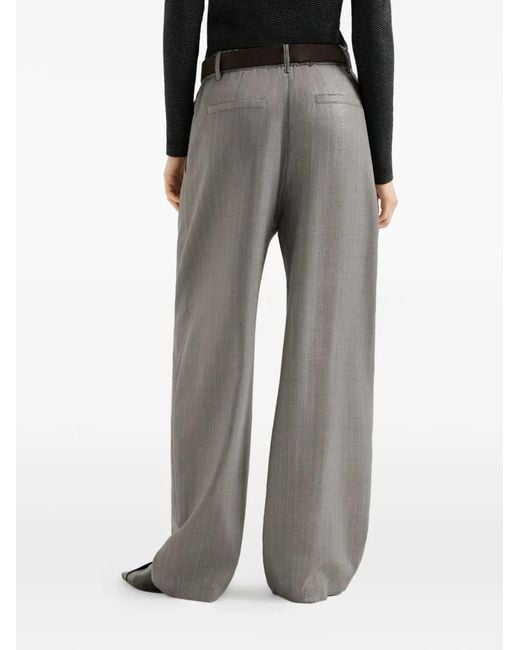 Brunello Cucinelli Gray Sparkling Virgin-Wool Pinstripe Track Trousers With Monili