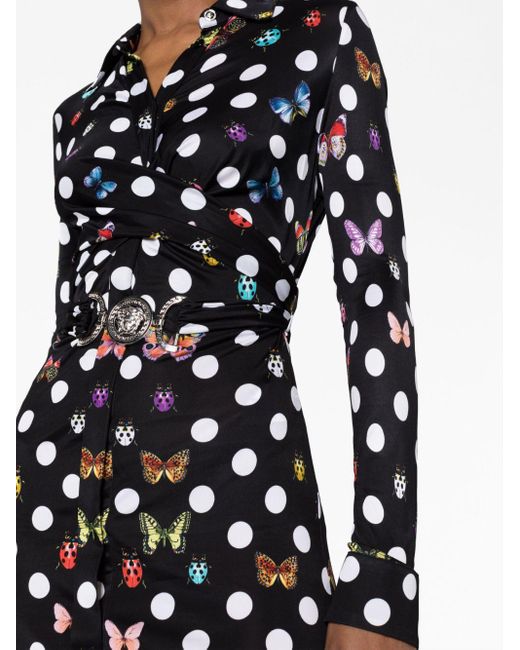 Versace Black X Dua Lipa Butterflies And Ladybugs Polka Dot Shirt Dress