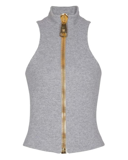 Balmain Gray Stehkragen-Oberteil Mit Reißverschluss