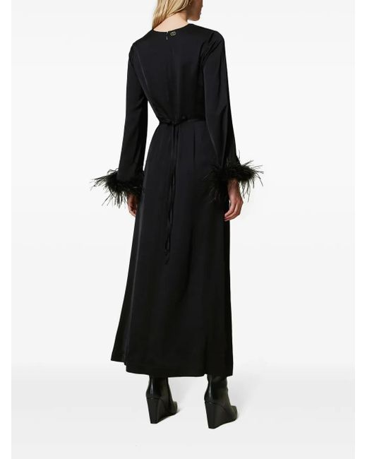 Twinset Black Feather-Detail Satin-Finish Maxi Dress