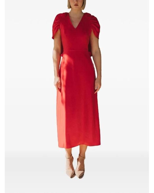 Cherubina Red Lux Ruched-Sleeve V-Neck Midi Dress