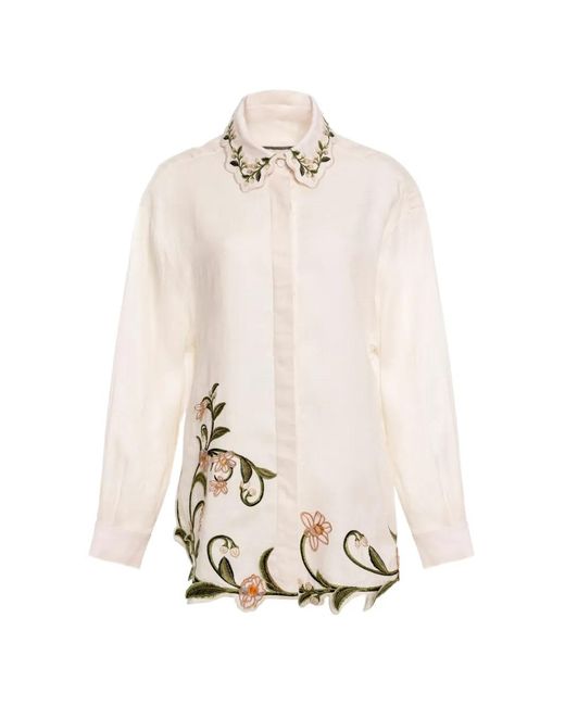Agua Bendita White Cecilia Valle Floral-Embroidered Shirt