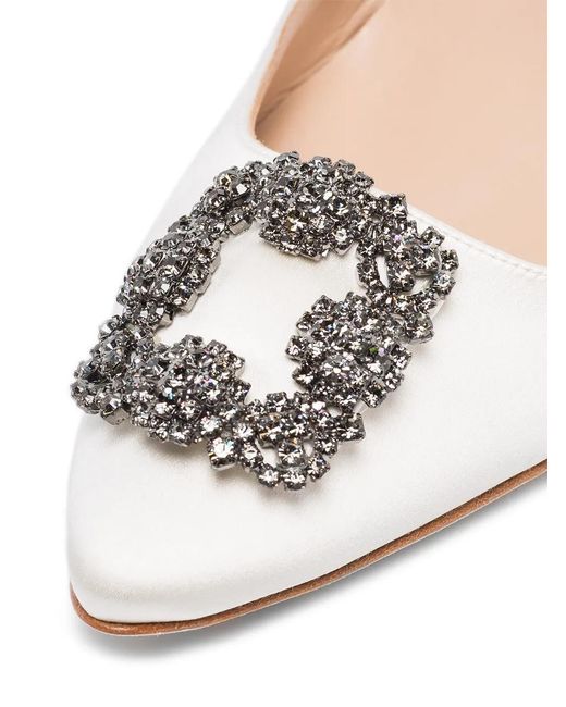 Manolo Blahnik White Hangisli Crystal-Buckle Pumps