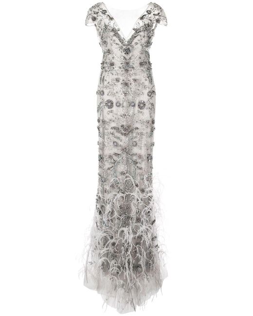 Marchesa Gray Feather Fringe Gown