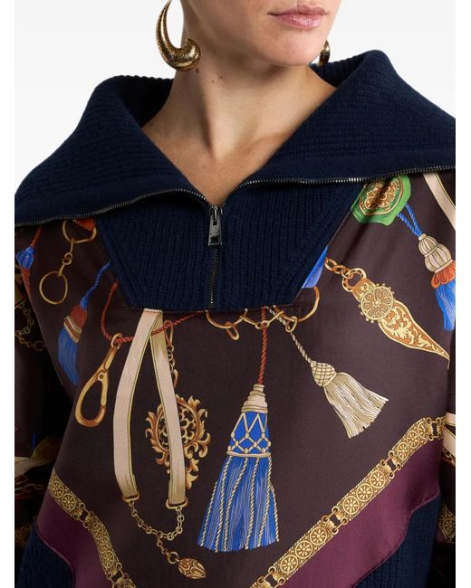 Etro Blue Wool And Cashmere Sweater With Zip And Silk Insert