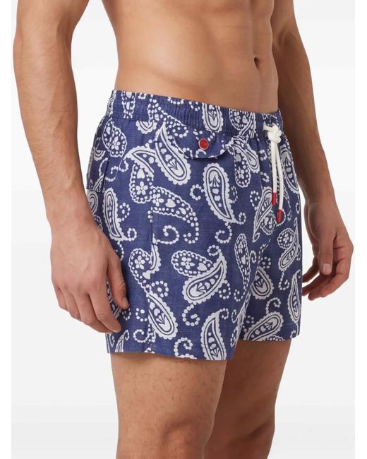Kiton Blue Patterned Drawstring-Fastening Swim Shorts for men