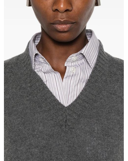 Aragona Gray V-Neck Ribbed-Trim Sweater