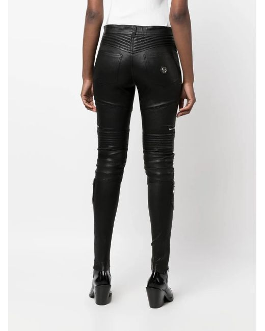 Philipp Plein Black Leather Trousers Long