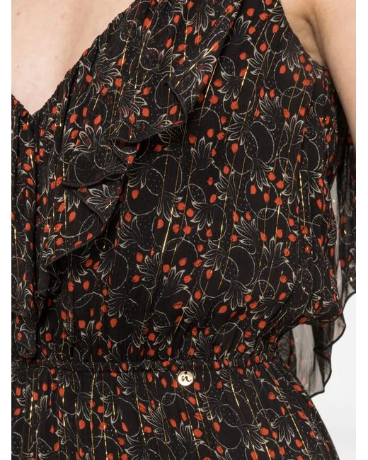 Nissa Black Printed Silk Asymmetric Mini Dress