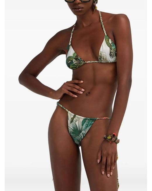 Roberto Cavalli Green Snake-Print Tie-Side Bikini Bottom
