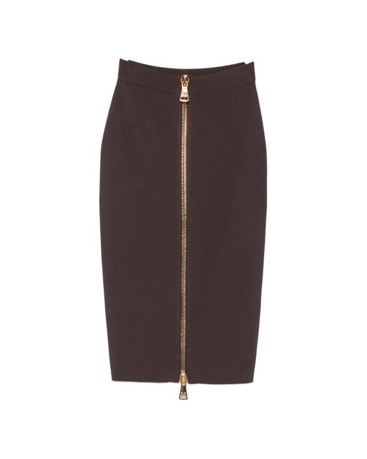 Elisabetta Franchi Brown Front-Zip Pencil Midi Skirt